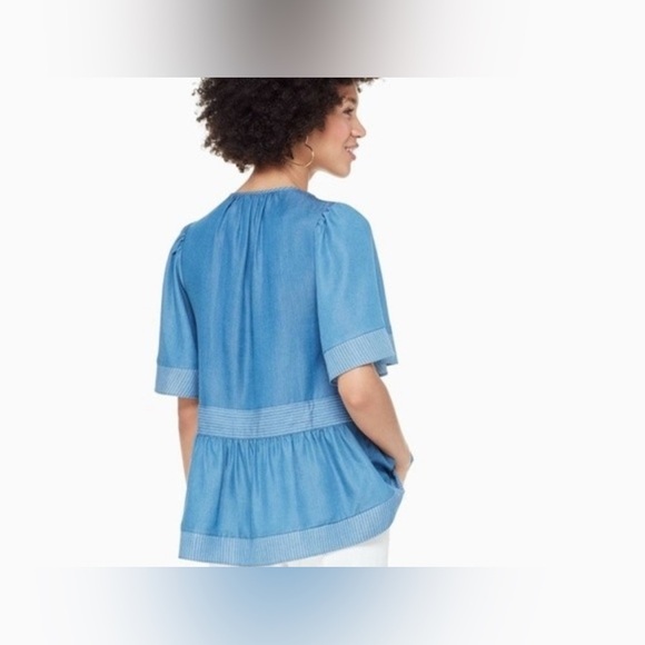 Kate Spade Chambray Indigo Striped Tassel Blouse Size Small - Picture 2 of 6